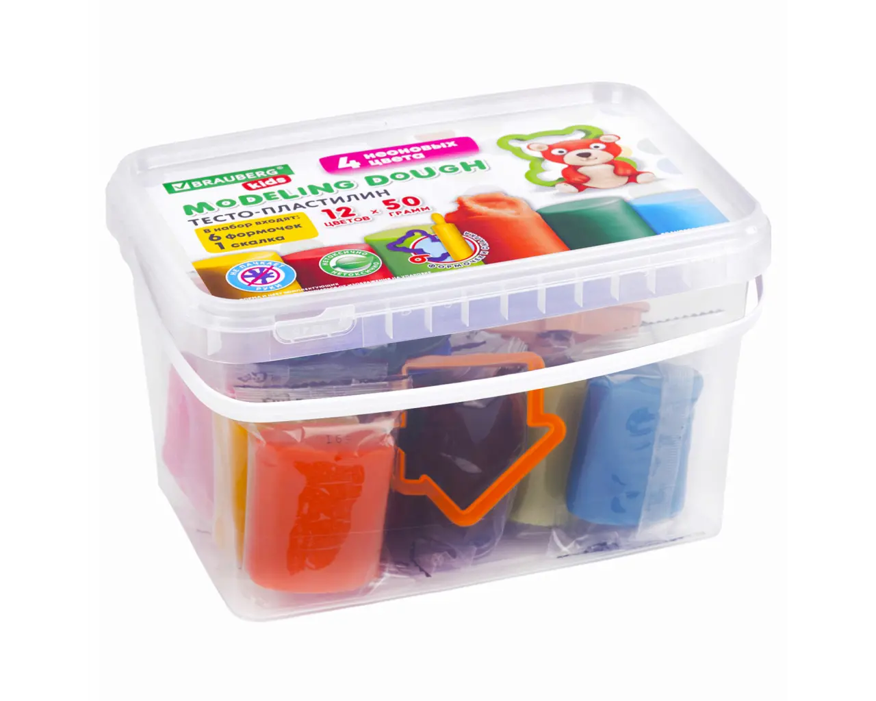 Пластилин-тесто для лепки BRAUBERG KIDS, 12 цветов., 600 г, 6 формочек, 1 скалка, ведерко, 106721.1