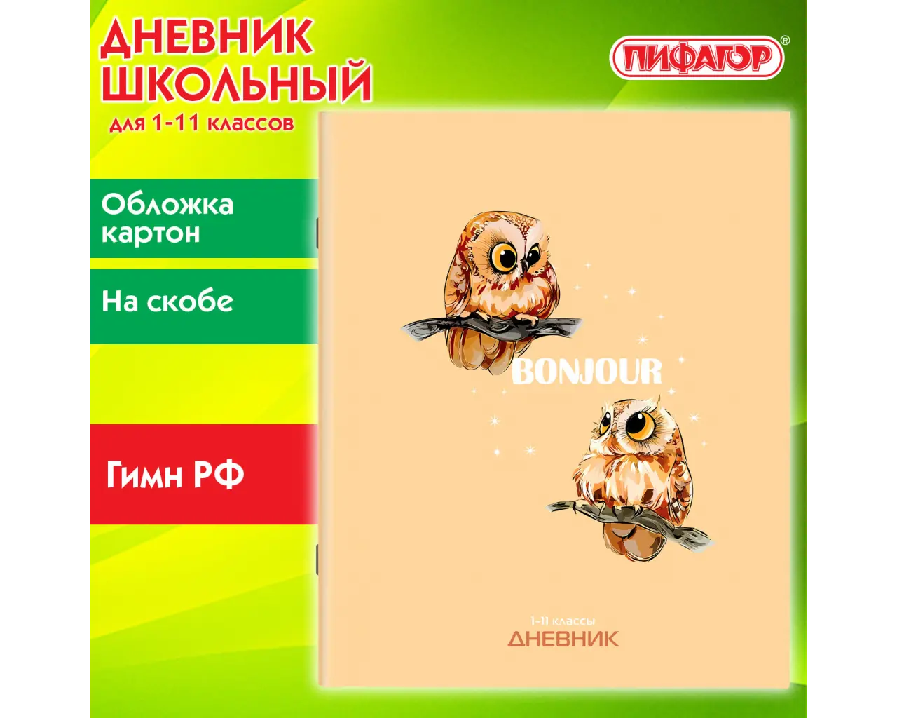 Дневник 1-11 класс 40 л., на скобе, ПИФАГОР, обложка картон, 