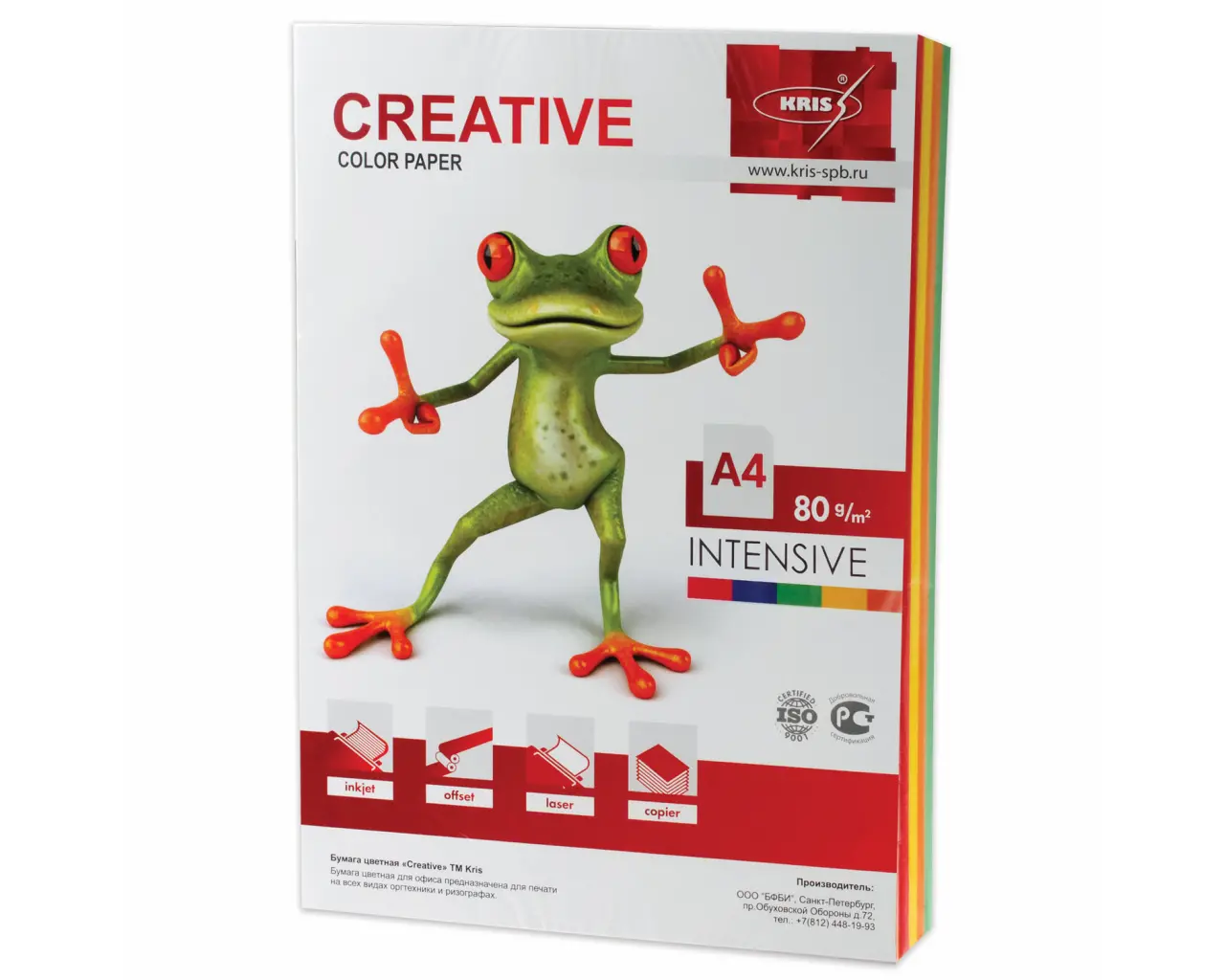 Бумага цветная CREATIVE color, А4, 80 г/м2, 100 л., (5 цветов х 20 л.), микс интенсив, БИpr-100r.0