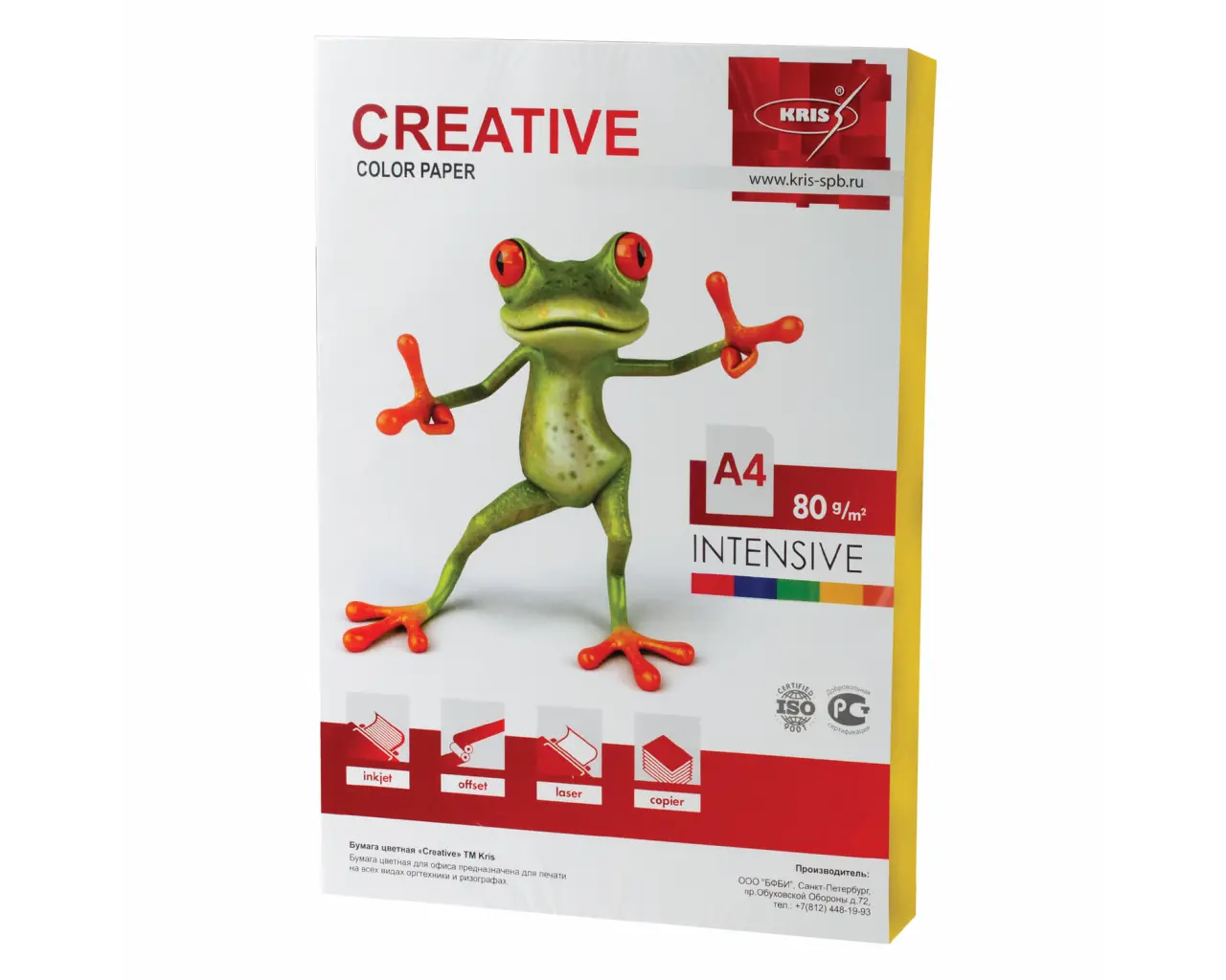 Бумага цветная CREATIVE color, А4, 80 г/м2, 100 л., интенсив, желтая, БИpr-100ж.0