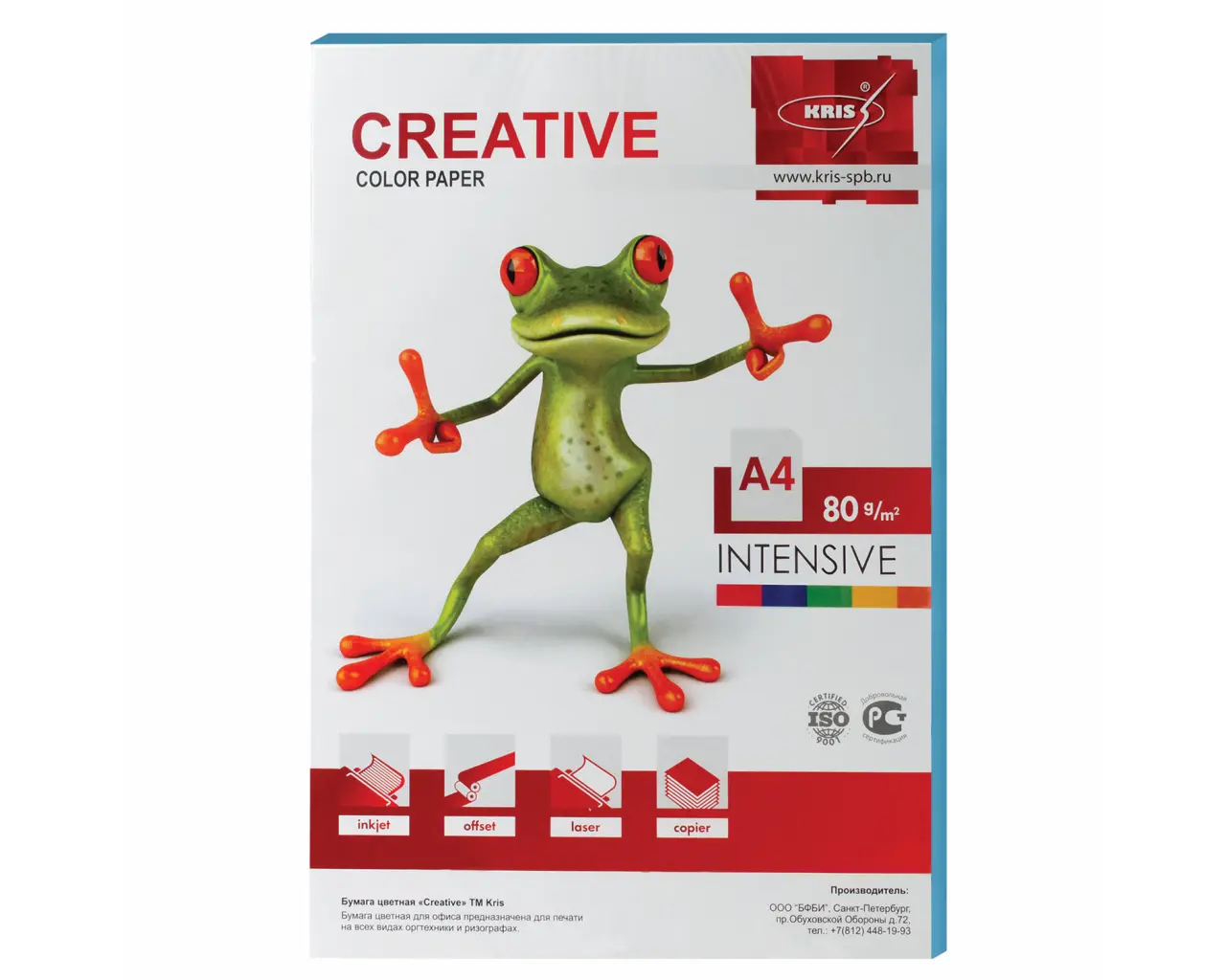 Бумага цветная CREATIVE color, А4, 80 г/м2, 100 л., интенсив, голубая, БИpr-100г.0
