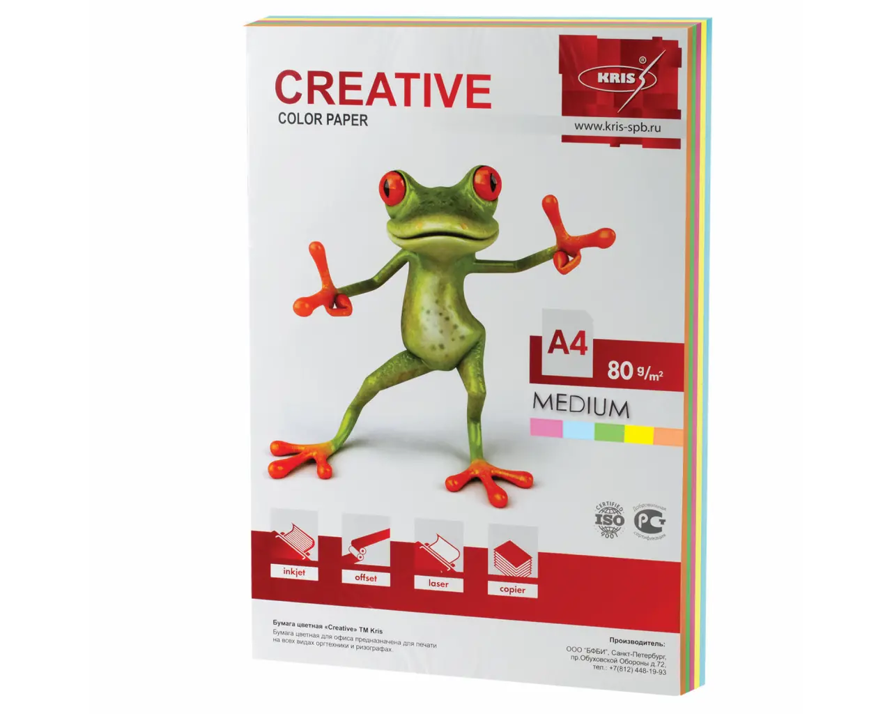 Бумага цветная CREATIVE color (Креатив) А4, 80 г/м2, 100 л., (5 цветов х 20 листов), микс медиум, БОpr-100r.0