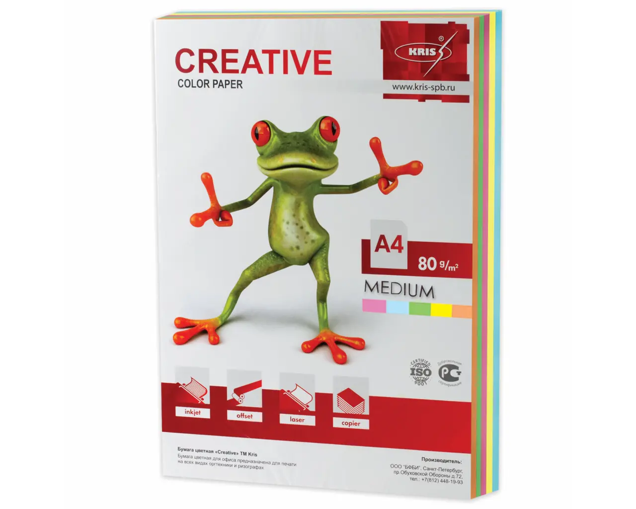 Бумага цветная CREATIVE color, А4, 80 г/м2, 250 л., (5 цветов х 50 л.), микс медиум, БОpr-250r.0