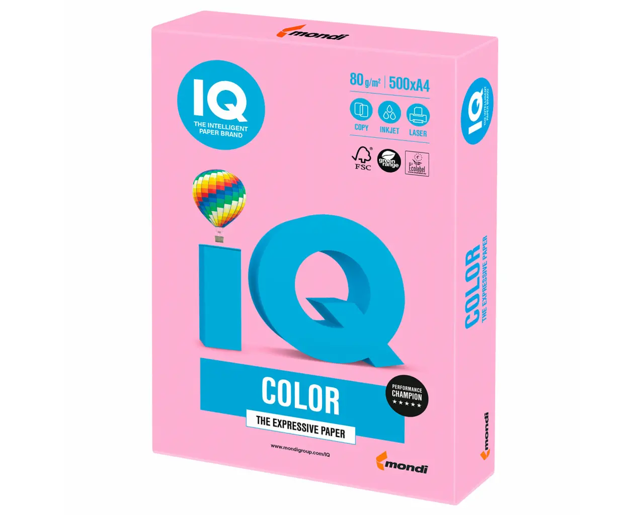 Бумага цветная IQ color, А4, 80 г/м2, 500 л., неон, розовая, NEOPI.0
