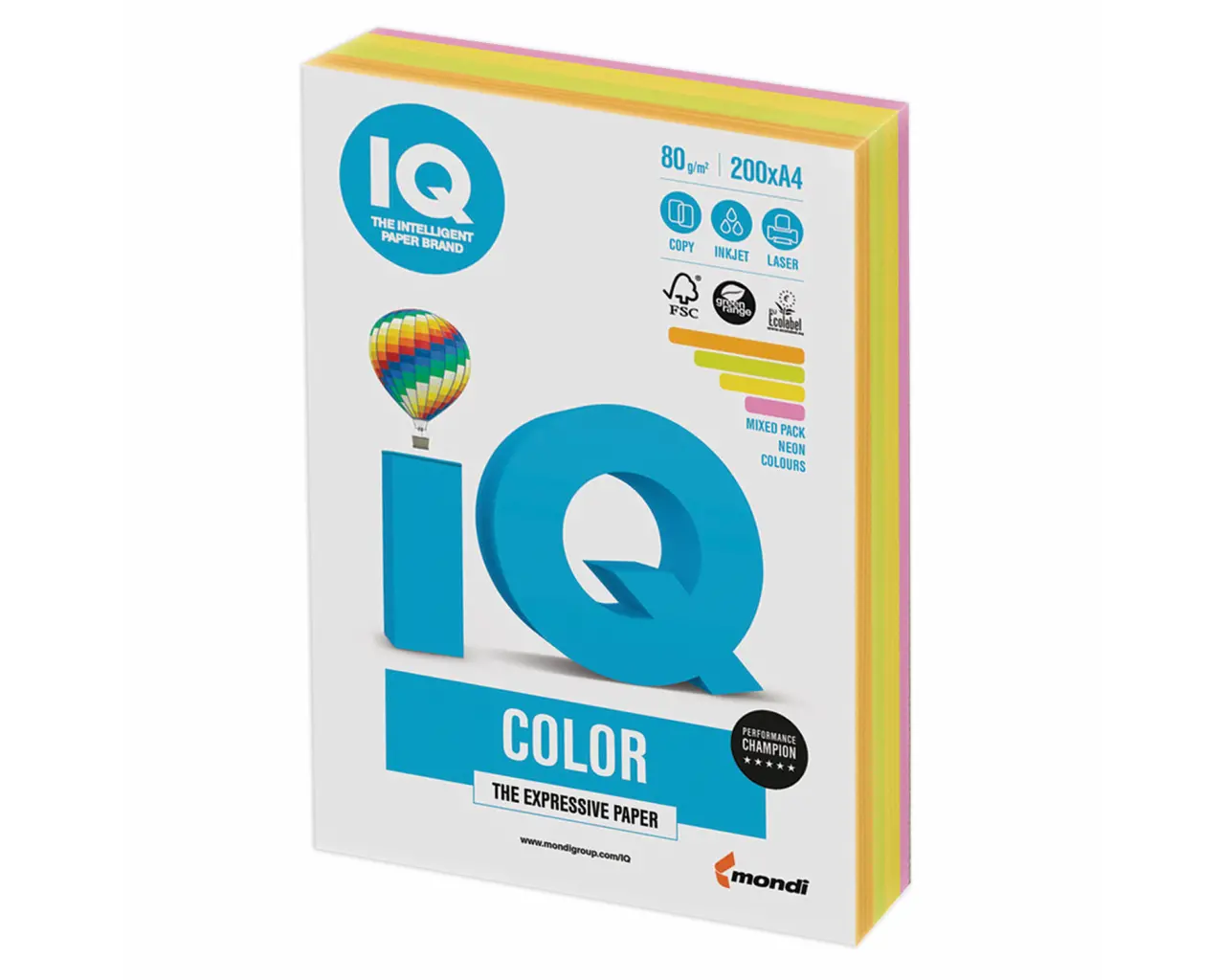 Бумага цветная IQ color, А4, 80 г/м2, 200 л., (4 цвета x 50 листов), микс неон, RB04.0