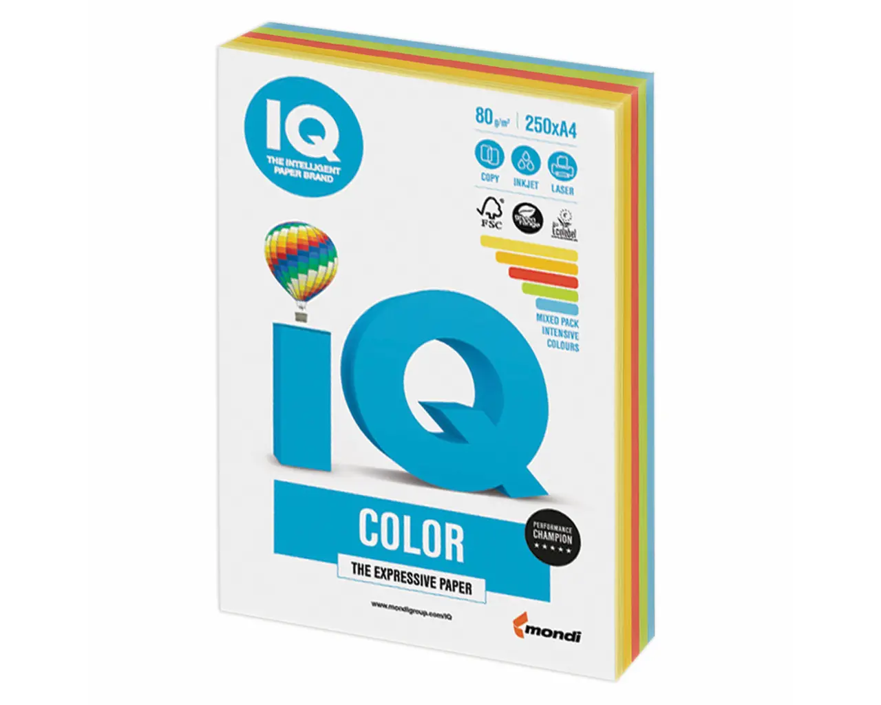 Бумага цветная IQ color, А4, 80 г/м2, 250 л., (5 цветов x 50 листов), микс интенсив, RB02.0