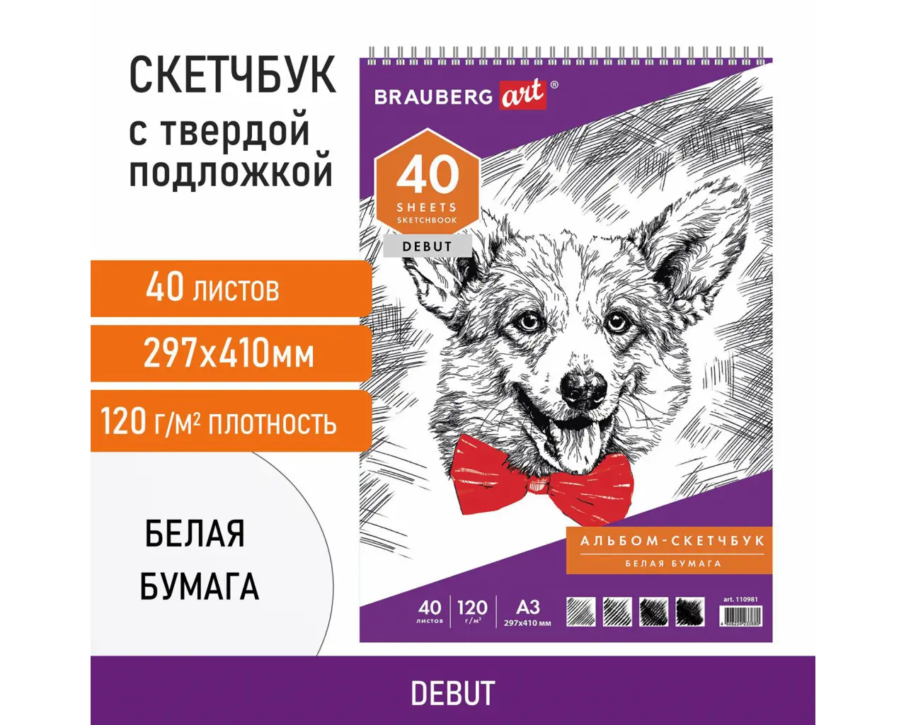 Скетчбук, белая бумага 120 г/м2, 297х410 мм, 40 л., гребень, жёсткая подложка, BRAUBERG ART DEBUT, 110981.0