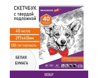 Скетчбук, белая бумага 120 г/м2, 297х410 мм, 40 л., гребень, жёсткая подложка, BRAUBERG ART DEBUT, 110981.0