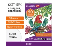 Скетчбук, белая бумага 100 г/м2, 205х290 мм, 50 л., гребень, жёсткая подложка, BRAUBERG ART DEBUT, 110983.0