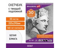 Скетчбук, белая бумага 160 г/м2, 205х290 мм, 30 л., гребень, жёсткая подложка, BRAUBERG ART DEBUT, 110985.0