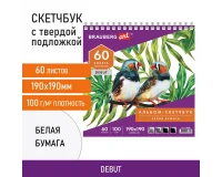 Скетчбук, белая бумага 100 г/м2, 190х190 мм, 60 л., гребень, жёсткая подложка, BRAUBERG ART DEBUT, 110998.0
